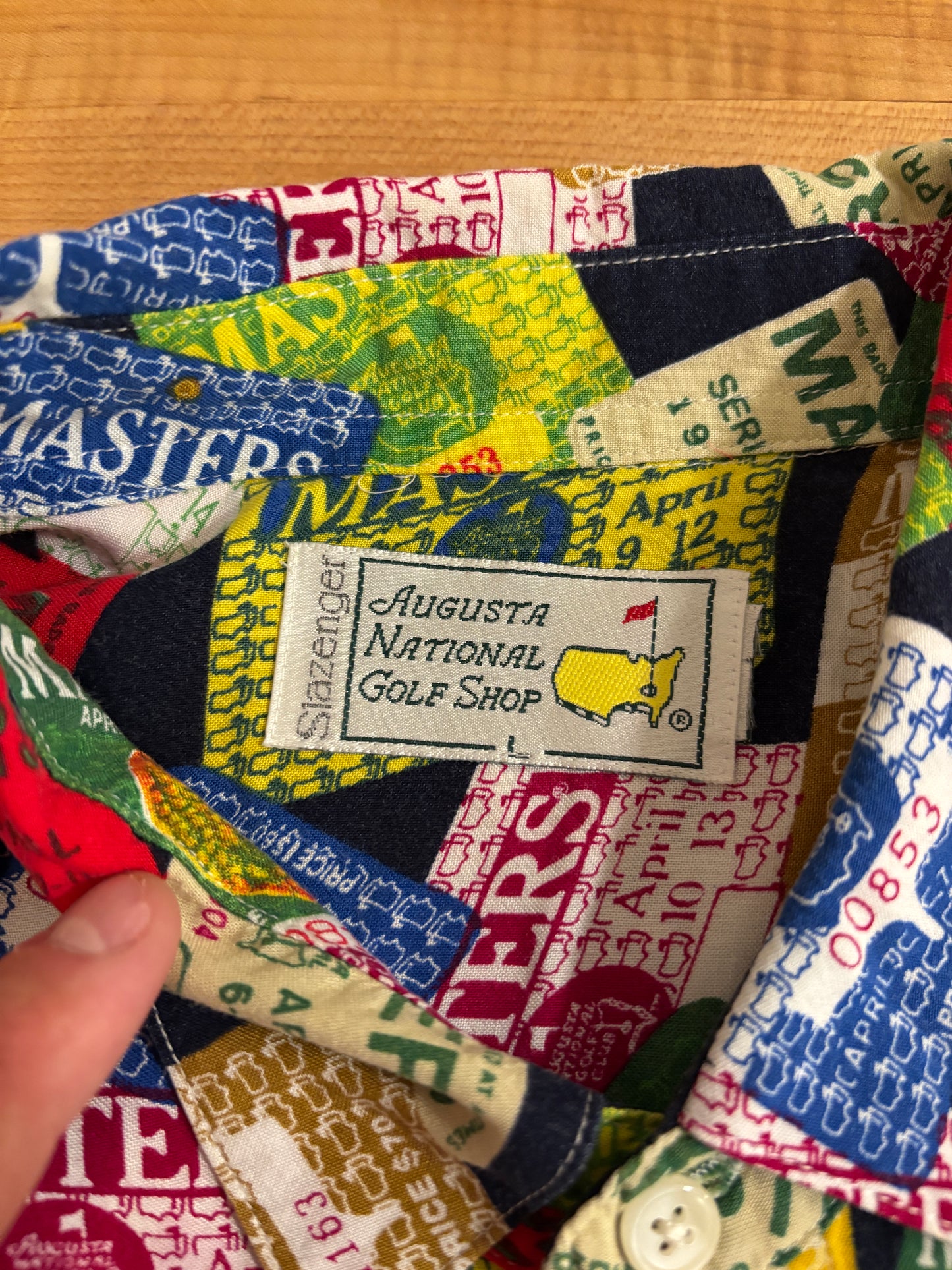 1990s Vintage Masters Slazenger All Over Badges Pattern Rayon Button Up Shirt