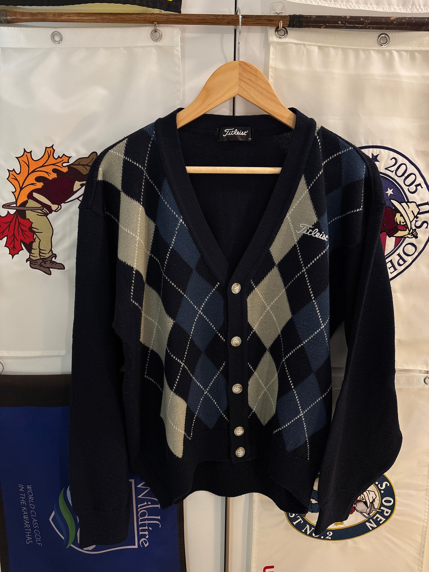 1990s Vintage Titleist Argyle Cardigan Wool Navy