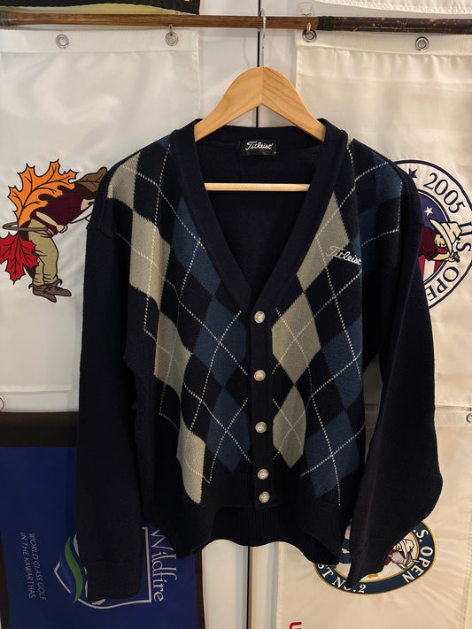 1990s Vintage Titleist Argyle Cardigan Wool Navy