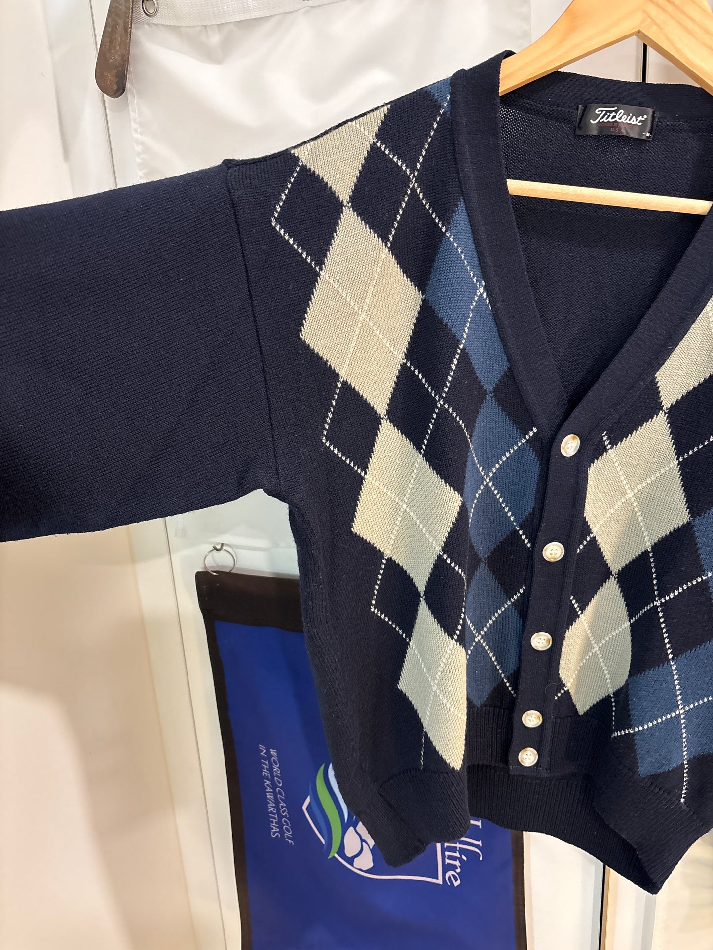 1990s Vintage Titleist Argyle Cardigan Wool Navy