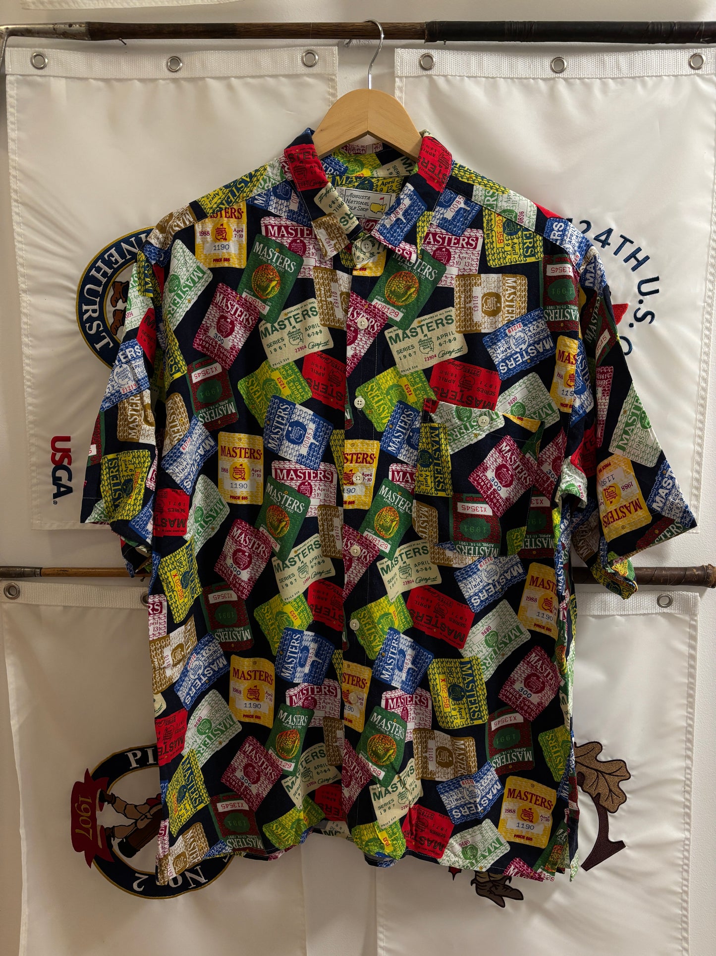 1990s Vintage Masters Slazenger All Over Badges Pattern Rayon Button Up Shirt