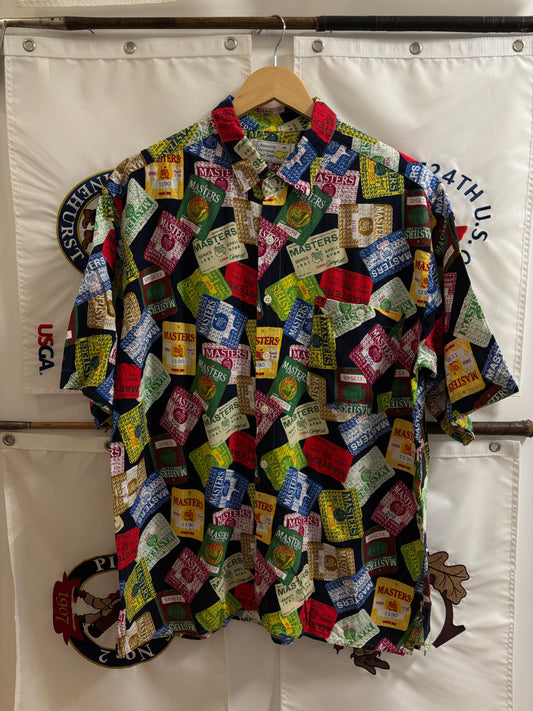 1990s Vintage Masters Slazenger All Over Badges Pattern Rayon Button Up Shirt