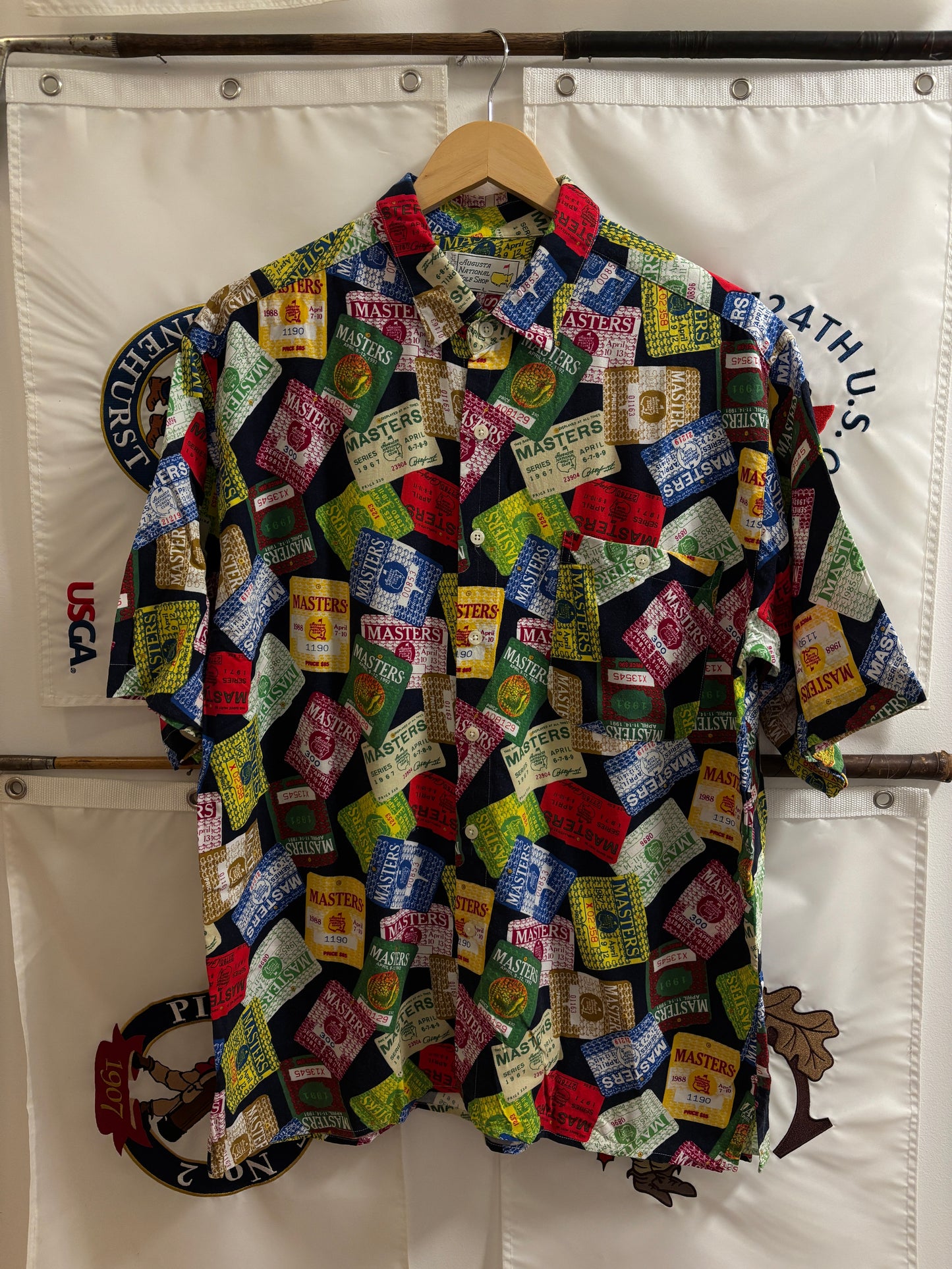 1990s Vintage Masters Slazenger All Over Badges Pattern Rayon Button Up Shirt