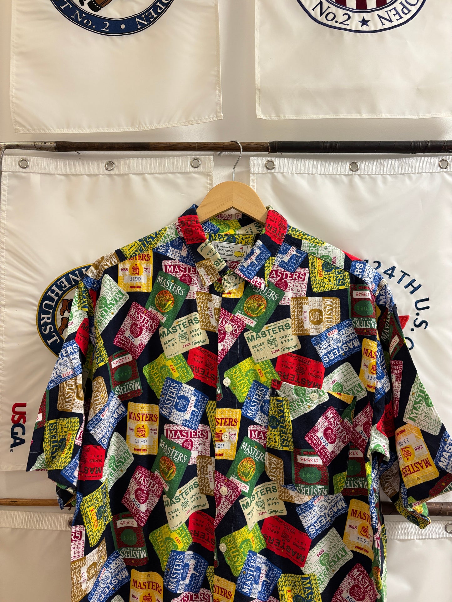 1990s Vintage Masters Slazenger All Over Badges Pattern Rayon Button Up Shirt