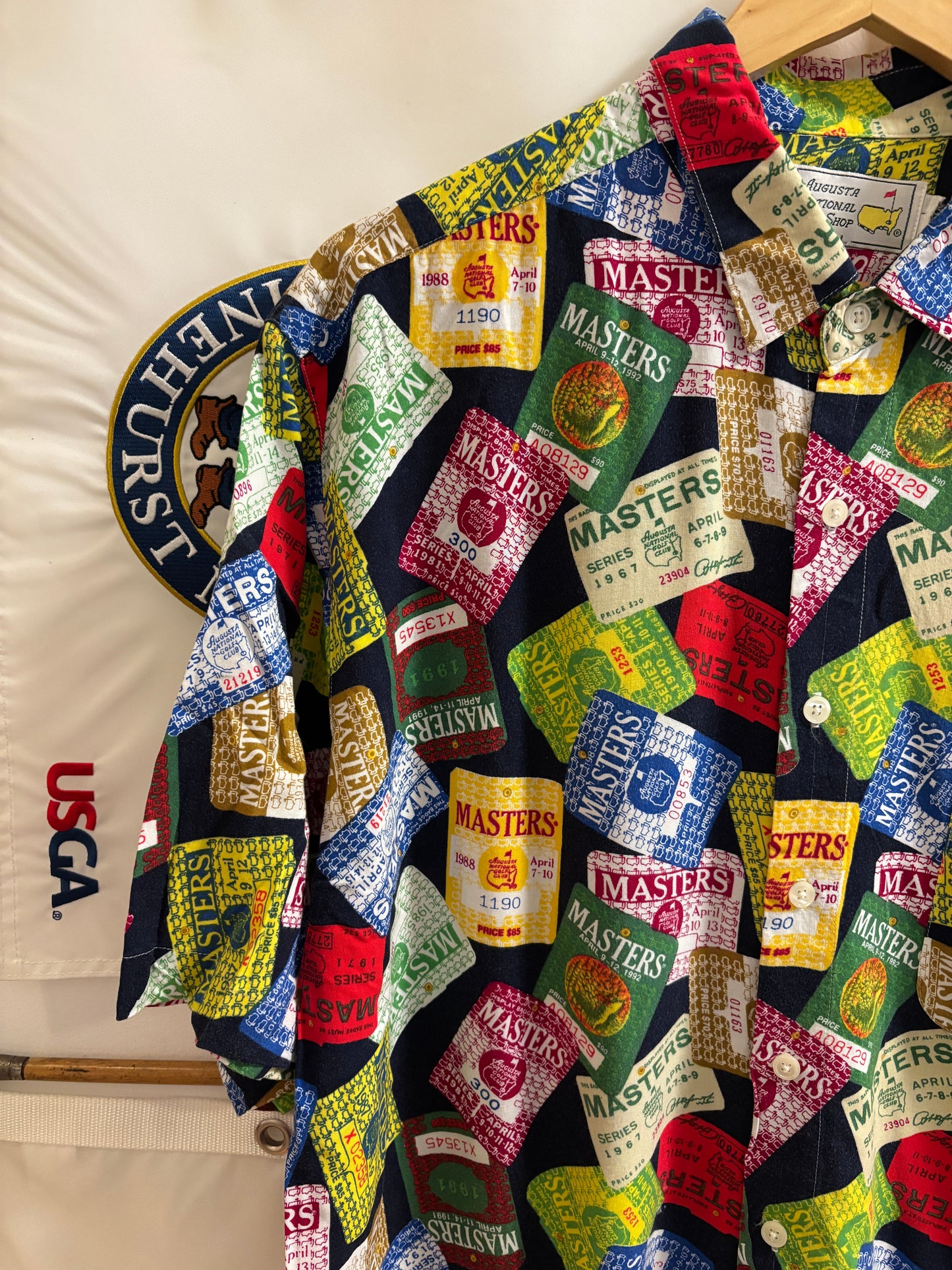 1990s Vintage Masters Slazenger All Over Badges Pattern Rayon Button Up Shirt