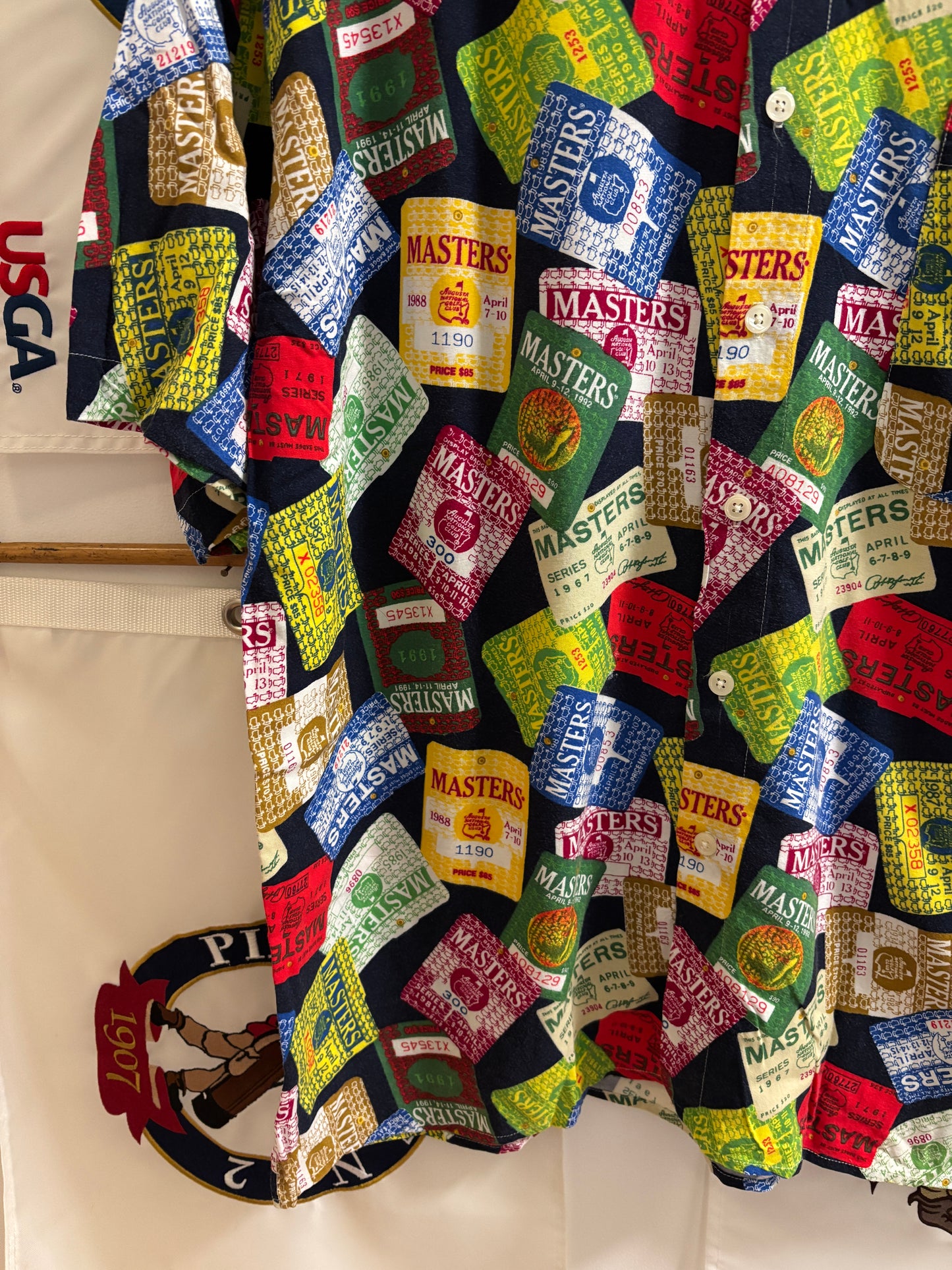 1990s Vintage Masters Slazenger All Over Badges Pattern Rayon Button Up Shirt