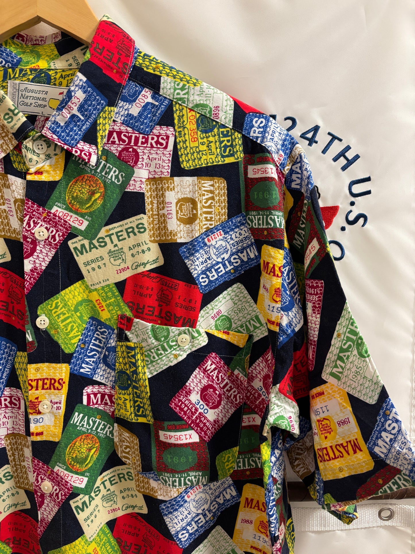 1990s Vintage Masters Slazenger All Over Badges Pattern Rayon Button Up Shirt