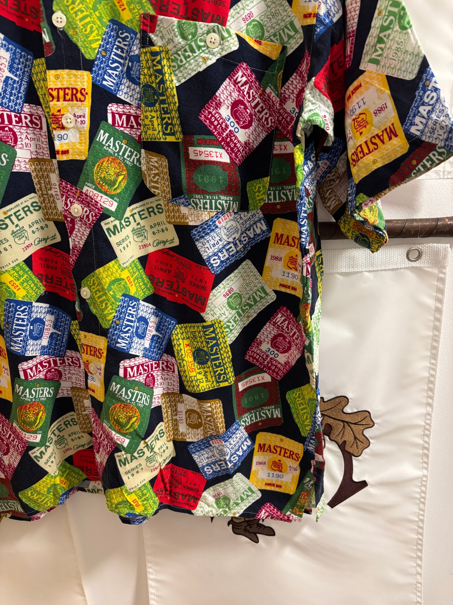 1990s Vintage Masters Slazenger All Over Badges Pattern Rayon Button Up Shirt