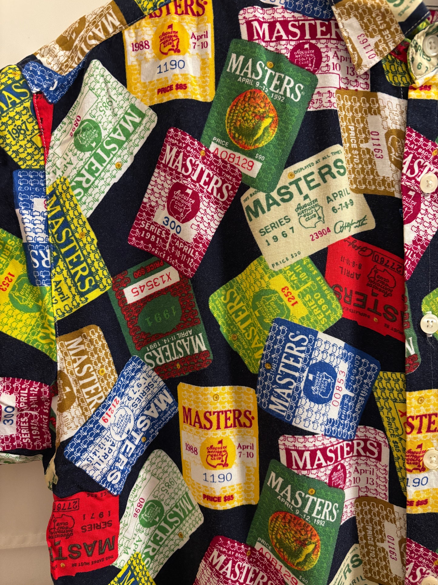 1990s Vintage Masters Slazenger All Over Badges Pattern Rayon Button Up Shirt