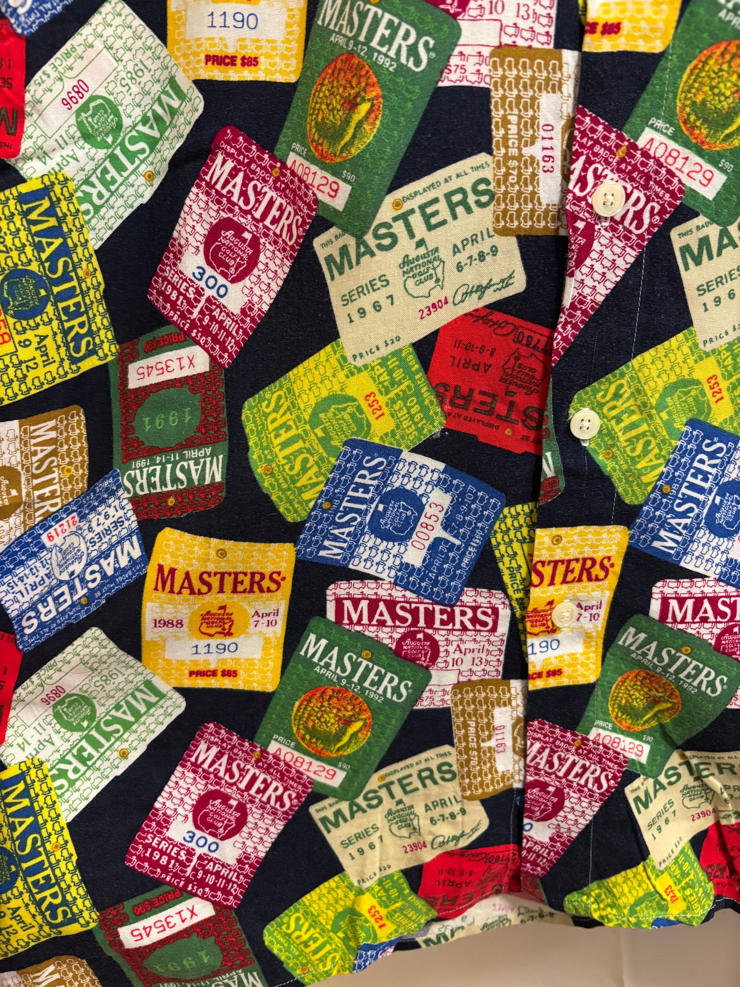 1990s Vintage Masters Slazenger All Over Badges Pattern Rayon Button Up Shirt