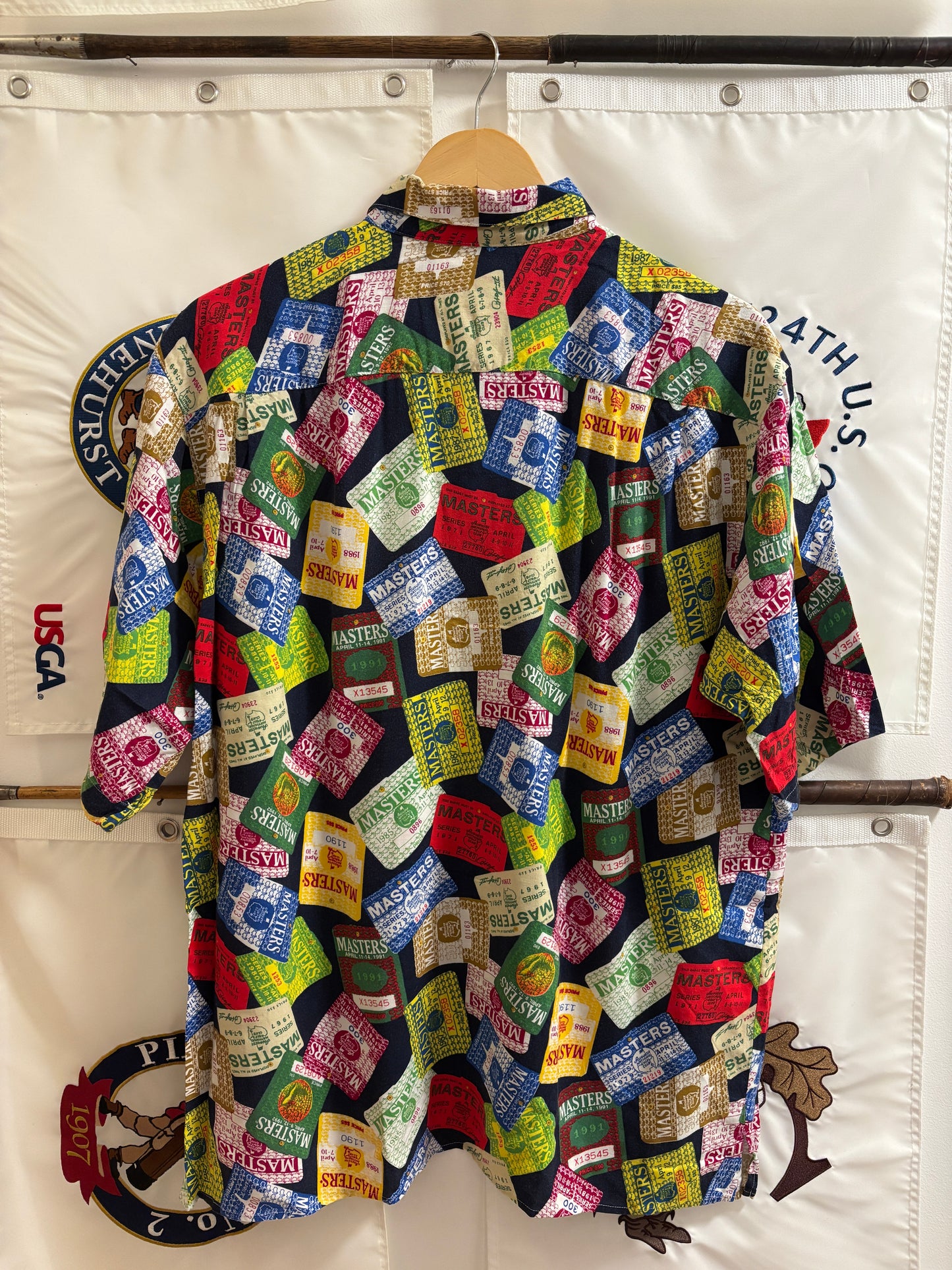 1990s Vintage Masters Slazenger All Over Badges Pattern Rayon Button Up Shirt