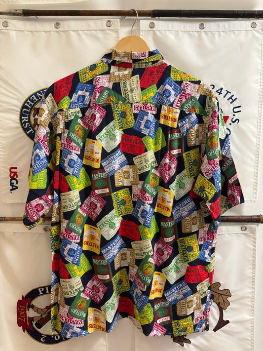 1990s Vintage Masters Slazenger All Over Badges Pattern Rayon Button Up Shirt