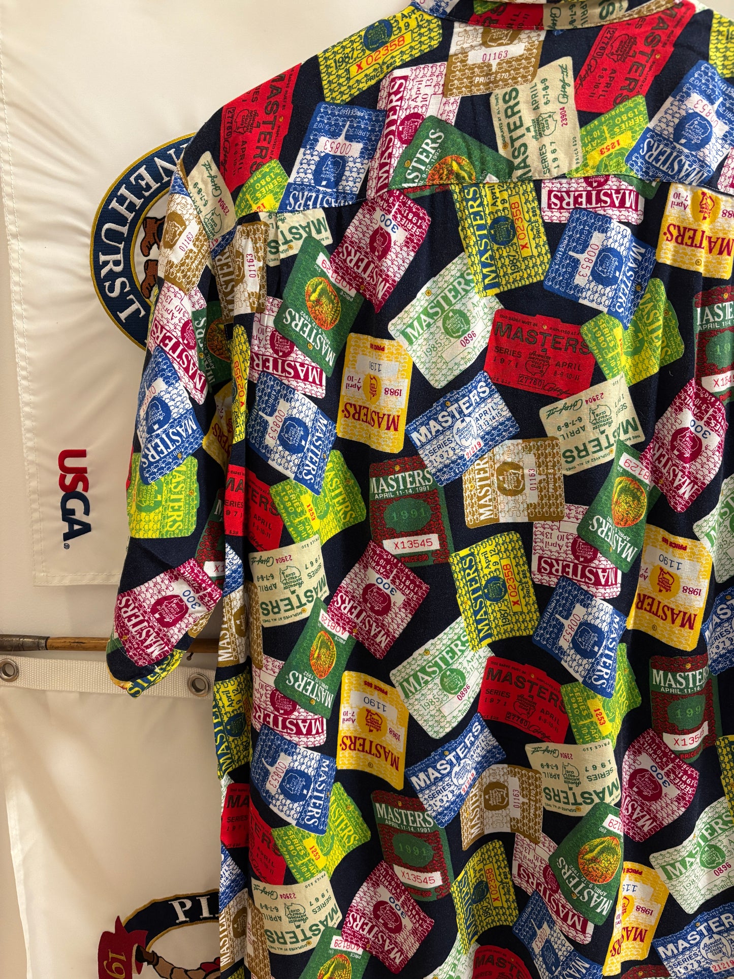 1990s Vintage Masters Slazenger All Over Badges Pattern Rayon Button Up Shirt