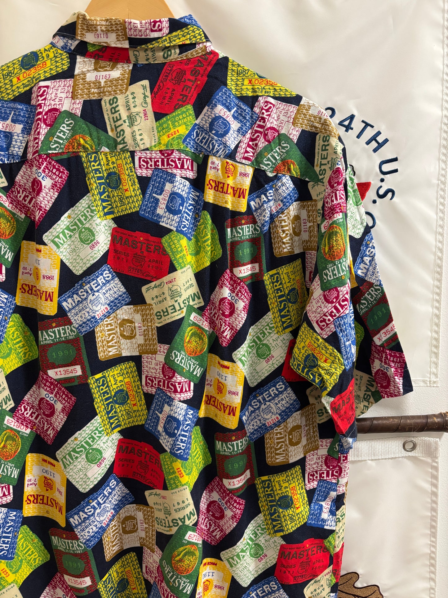 1990s Vintage Masters Slazenger All Over Badges Pattern Rayon Button Up Shirt