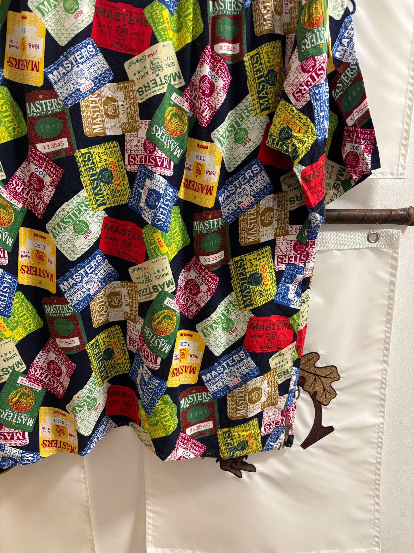 1990s Vintage Masters Slazenger All Over Badges Pattern Rayon Button Up Shirt